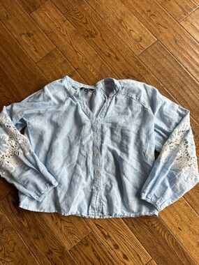 Charlie B Blue Button Front Blouse with Lace Sleeve Detail med